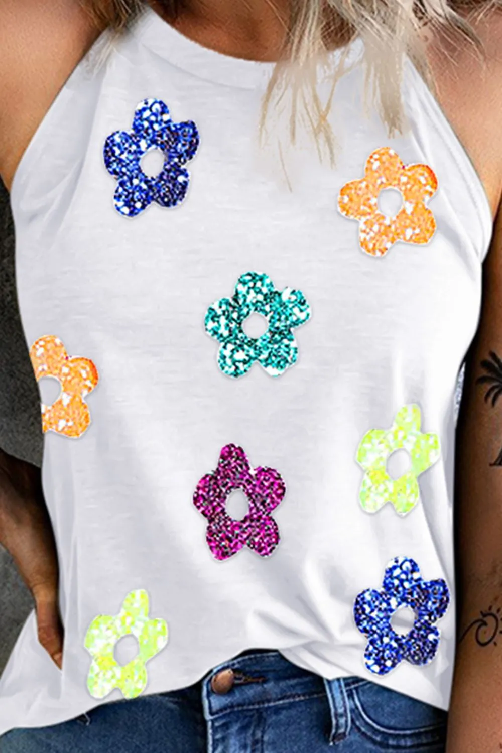 Sequin Flower Grecian Neck Tank, image 3