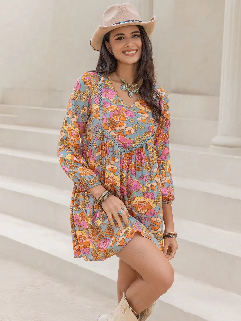 Printed V-Neck Balloon Sleeve Mini Dress, image 3