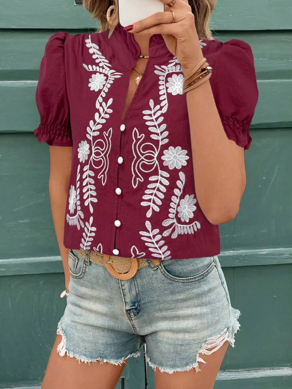 Embroidered Frill Notched Short Sleeve Blouse, image 10