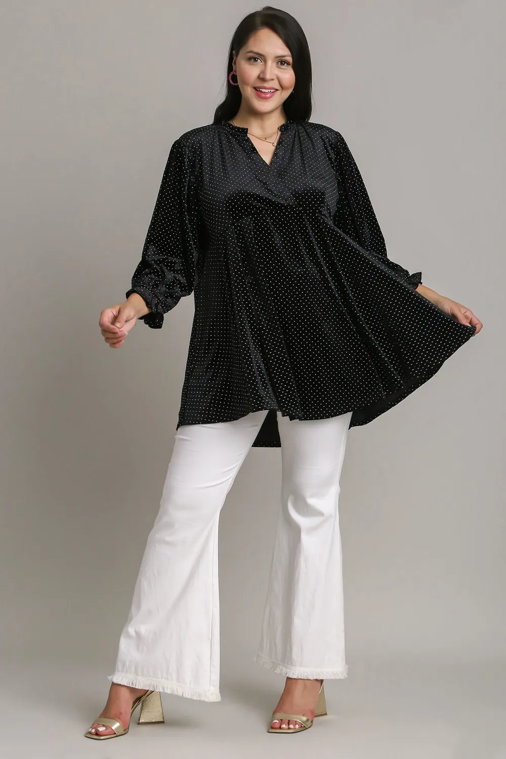Full Size Beaded Frill Flounce Sleeve Velvet Babydoll Blouse, image 4