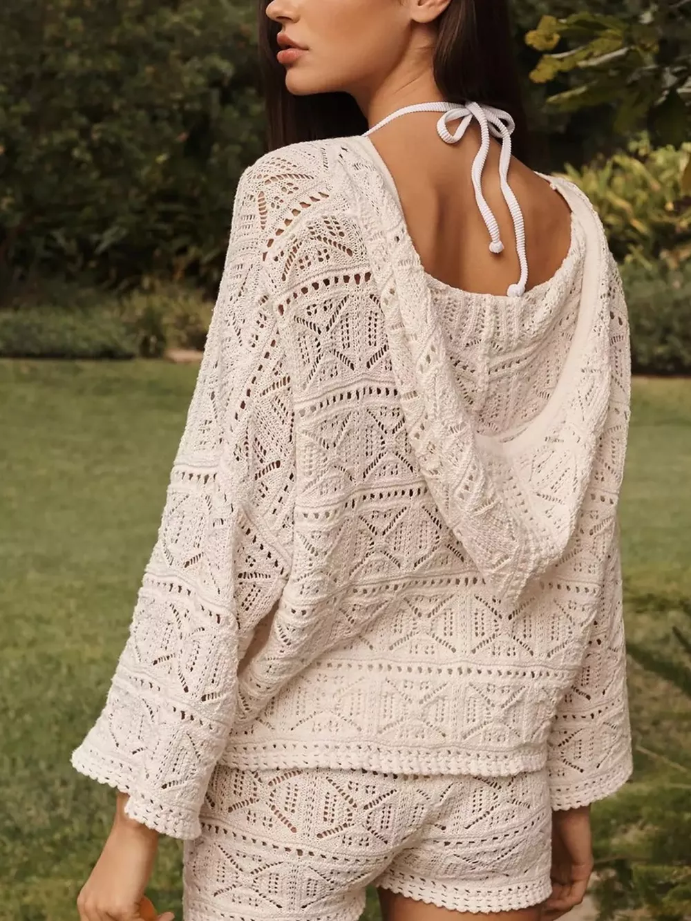 Openwork Hooded Knit Top and Shorts Set, image 5