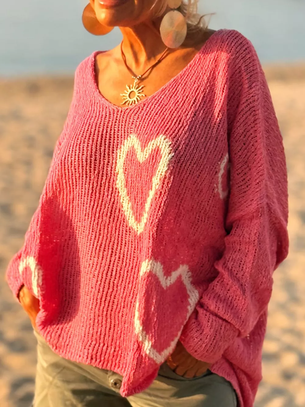 Heart V-Neck Dropped Shoulder Sweater, image 14