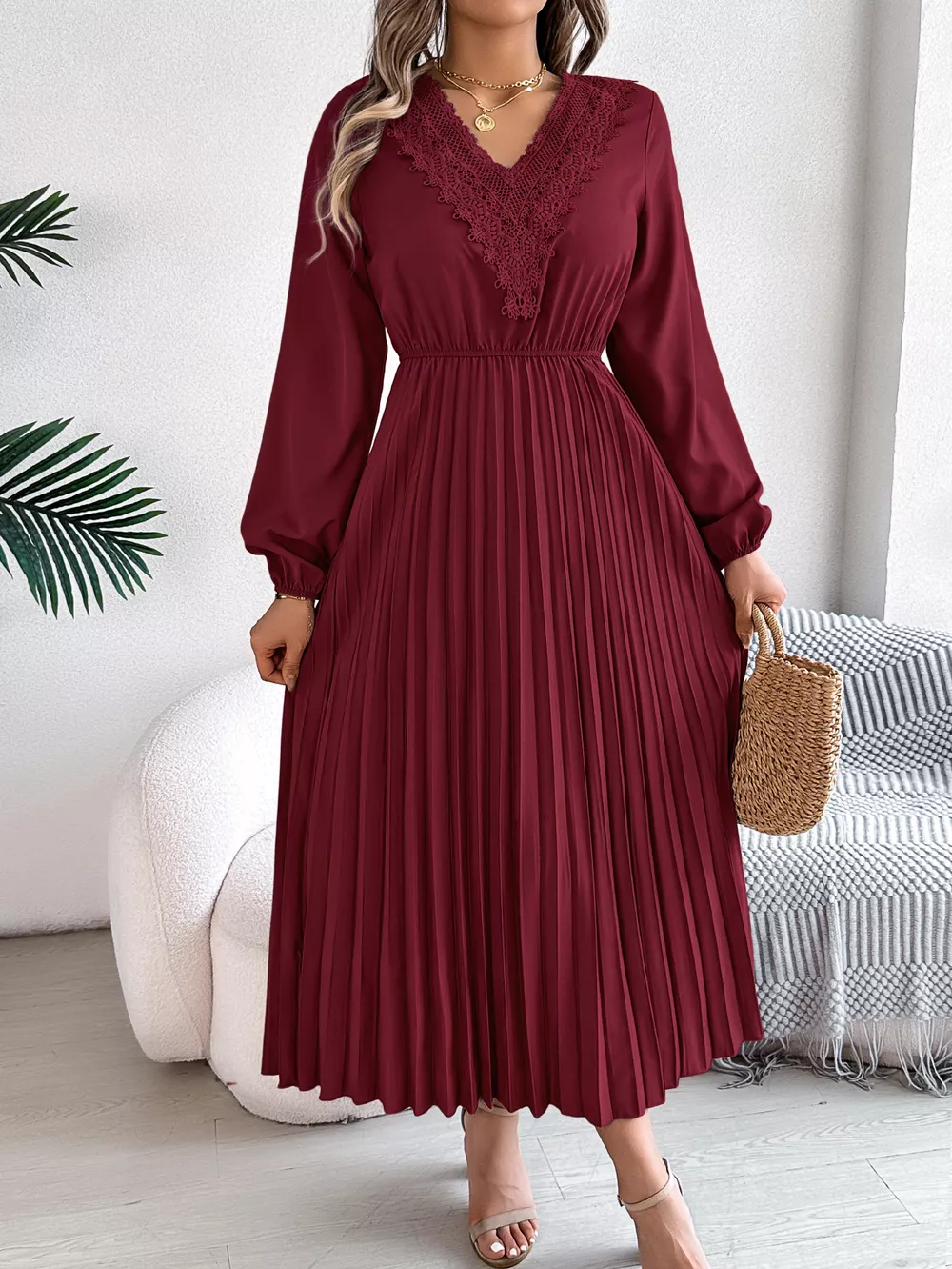 Lace Detail V-Neck Pleated Dress, image 24