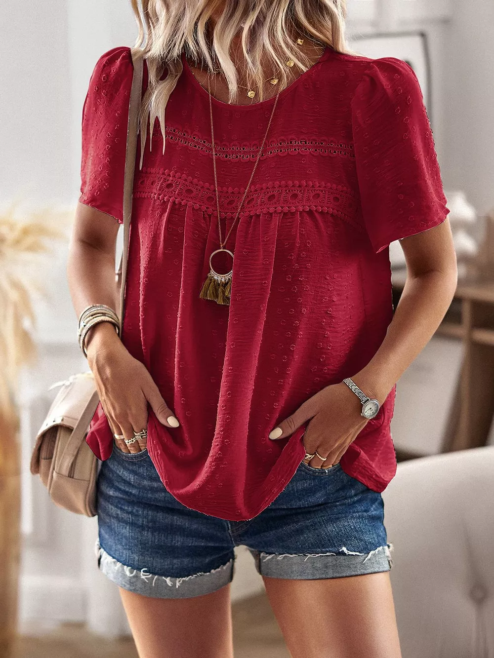 Lace Detail Round Neck Short Sleeve Blouse, image 14