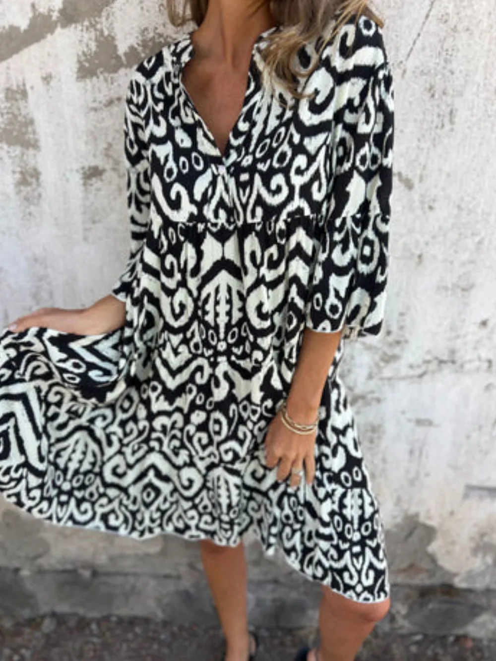 Full Size Printed Notched Half Sleeve Dress Plus Size, image 16
