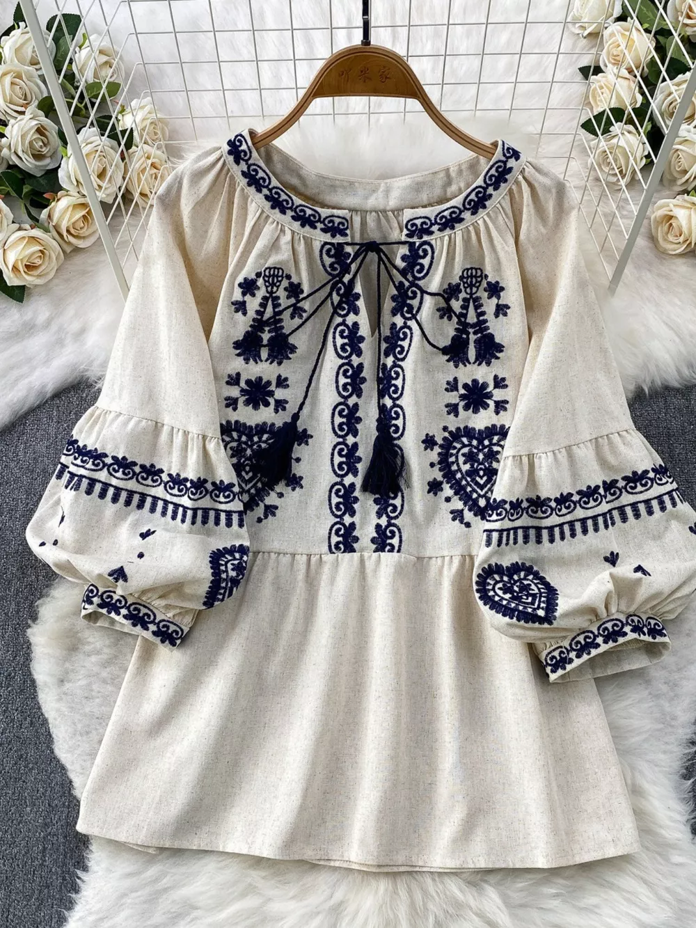 Embroidered Tie Neck Blouse, image 8