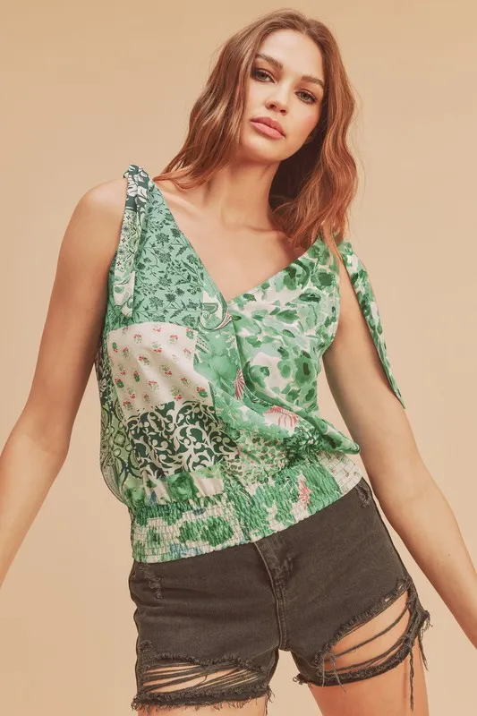 Smocked Hem Printed Surplice Tank
