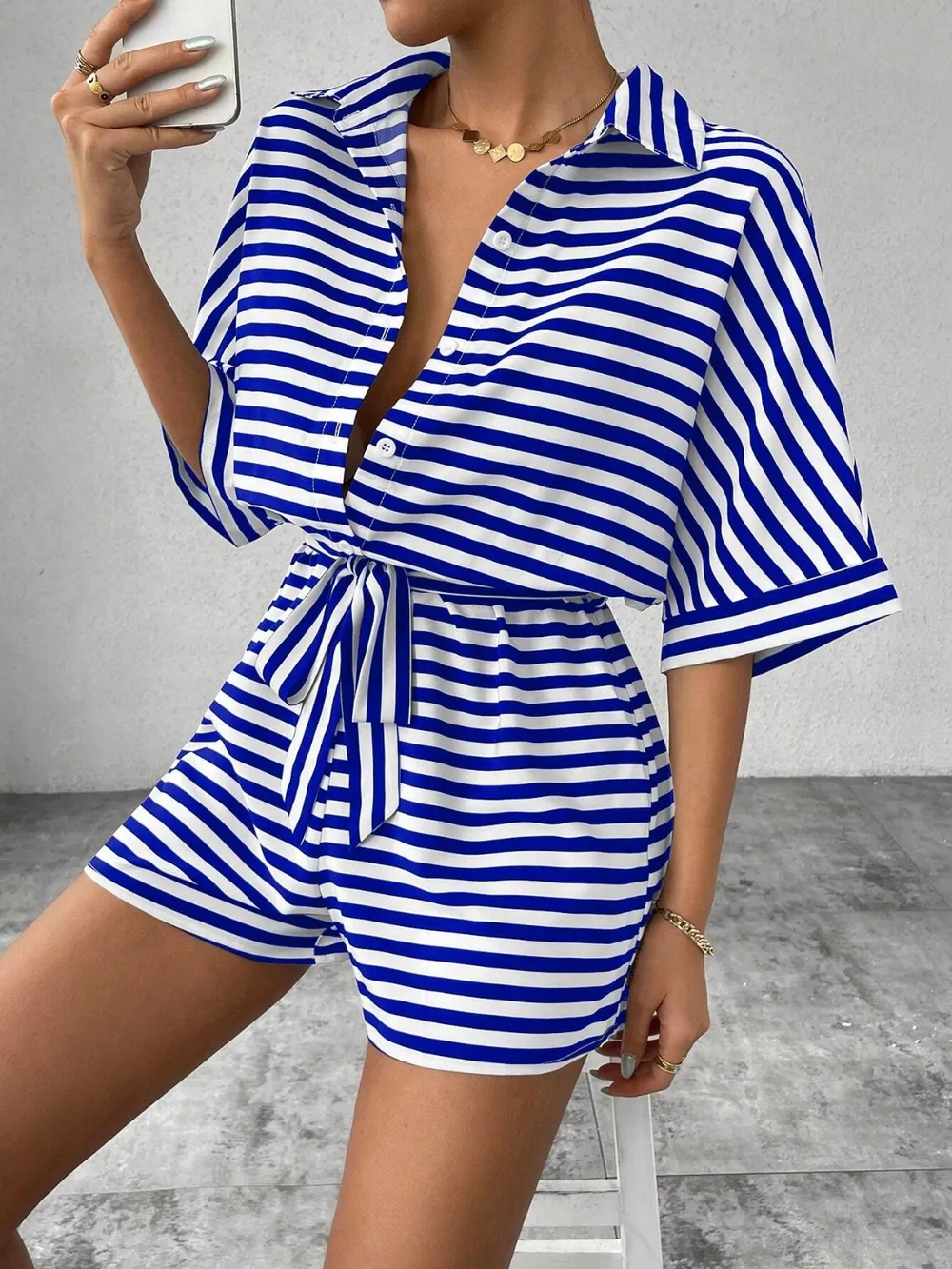 Tie Waist Half Button Striped Romper, image 17