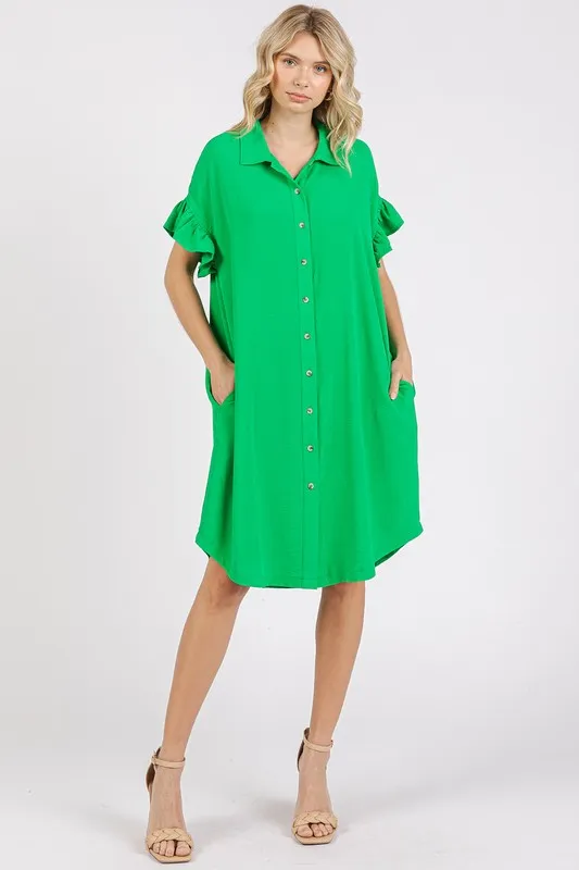 Button Down Flounce Sleeve Dress with Pockets, image 2