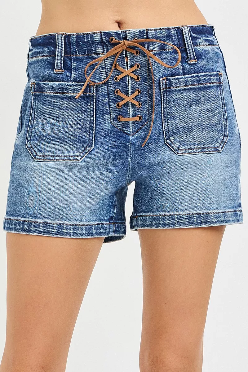 High Rise Front Tie Up Shorts with Patch Pockets