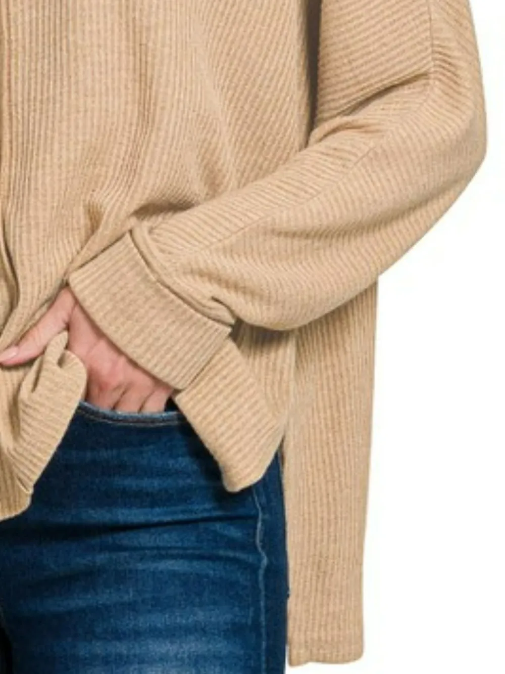 Ribbed Center Seam Dolman Sleeve Hi Low Sweater, image 2