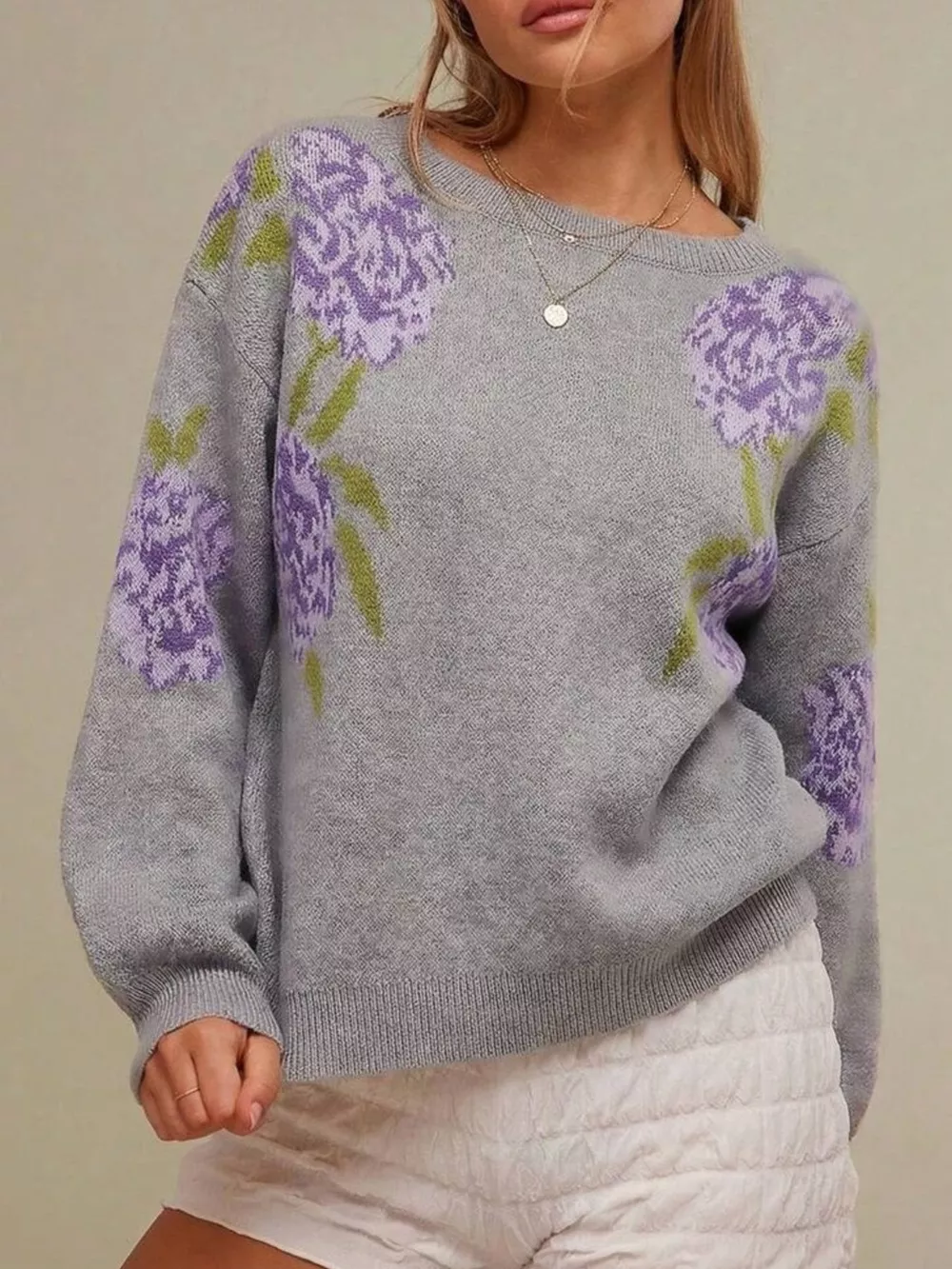 Floral Pattern Dropped Shoulder Sweater, image 13