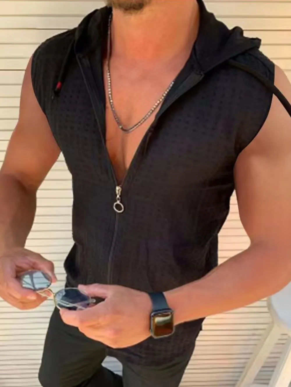 Men's Full Size Zip Up Sleeveless Hooded Top Plus Size