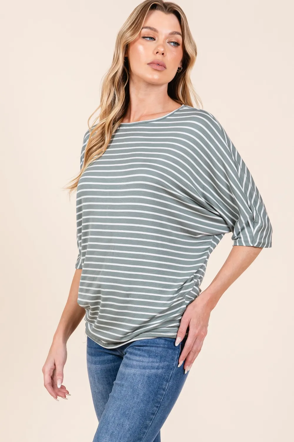 Striped Boat Neck Dolman Sleeve Top, image 3