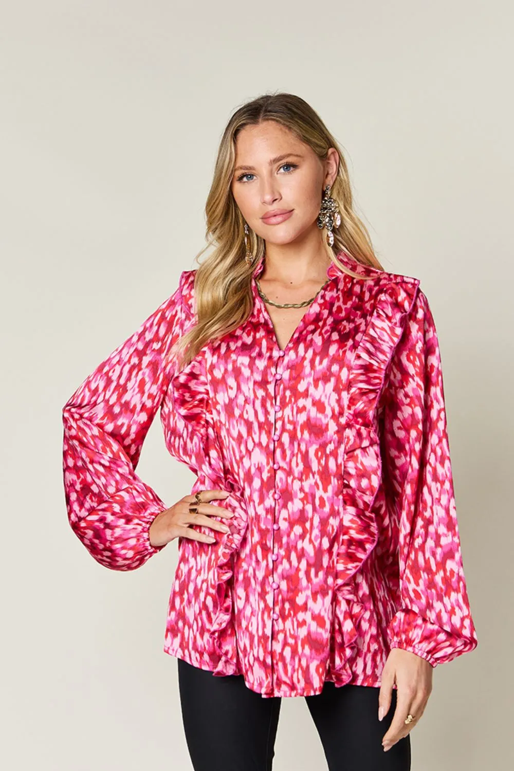 Full Size Printed Ruffle Trim Balloon Sleeve Shirt, image 13