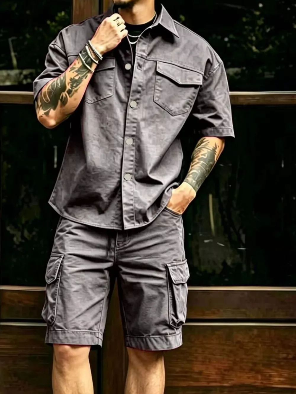 Men's Full Size Cargo Shirt and Shorts Set Plus Size, image 2