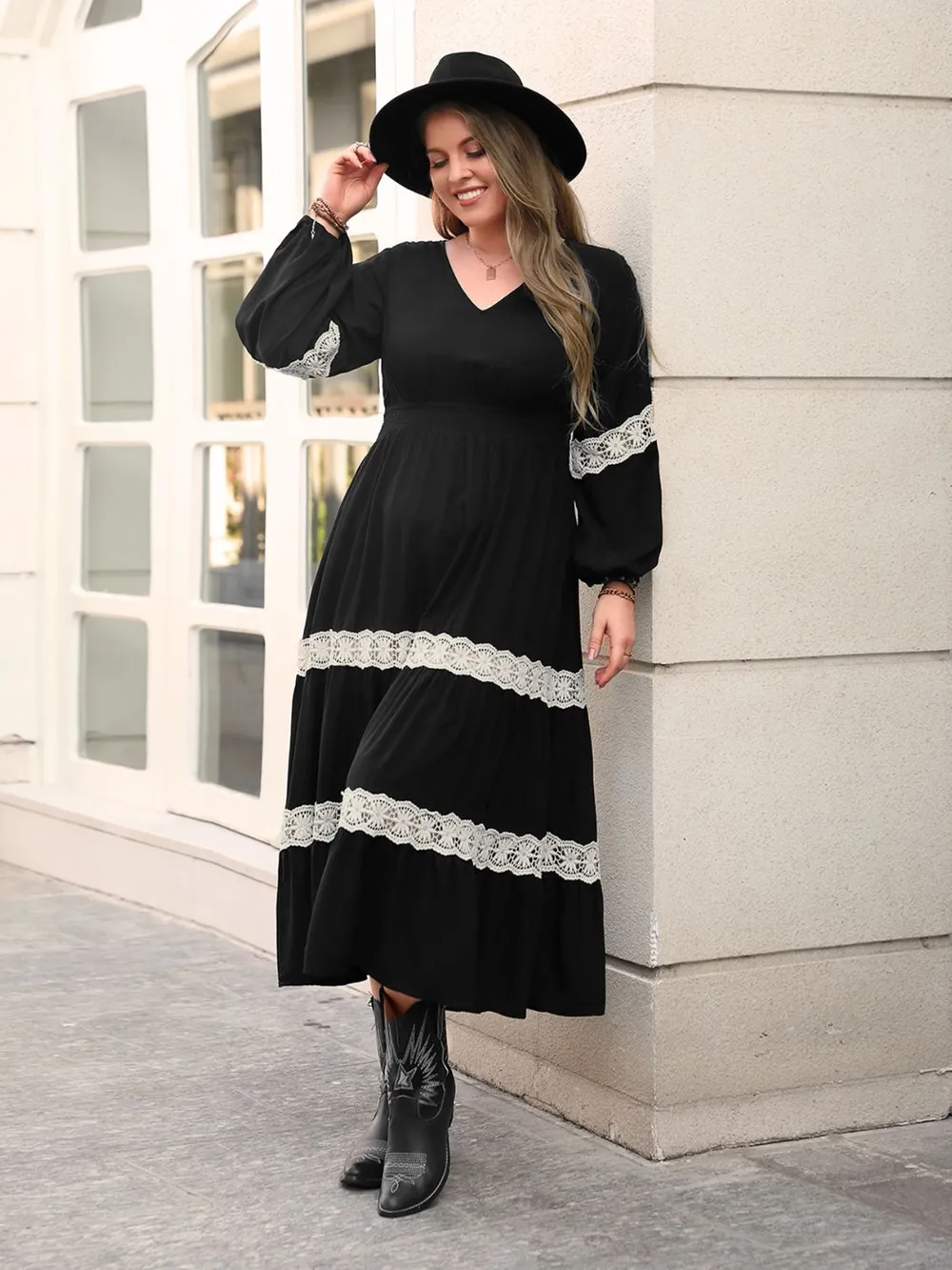 Plus Size Lace Detail V-Neck Long Sleeve Midi Dress, image 5