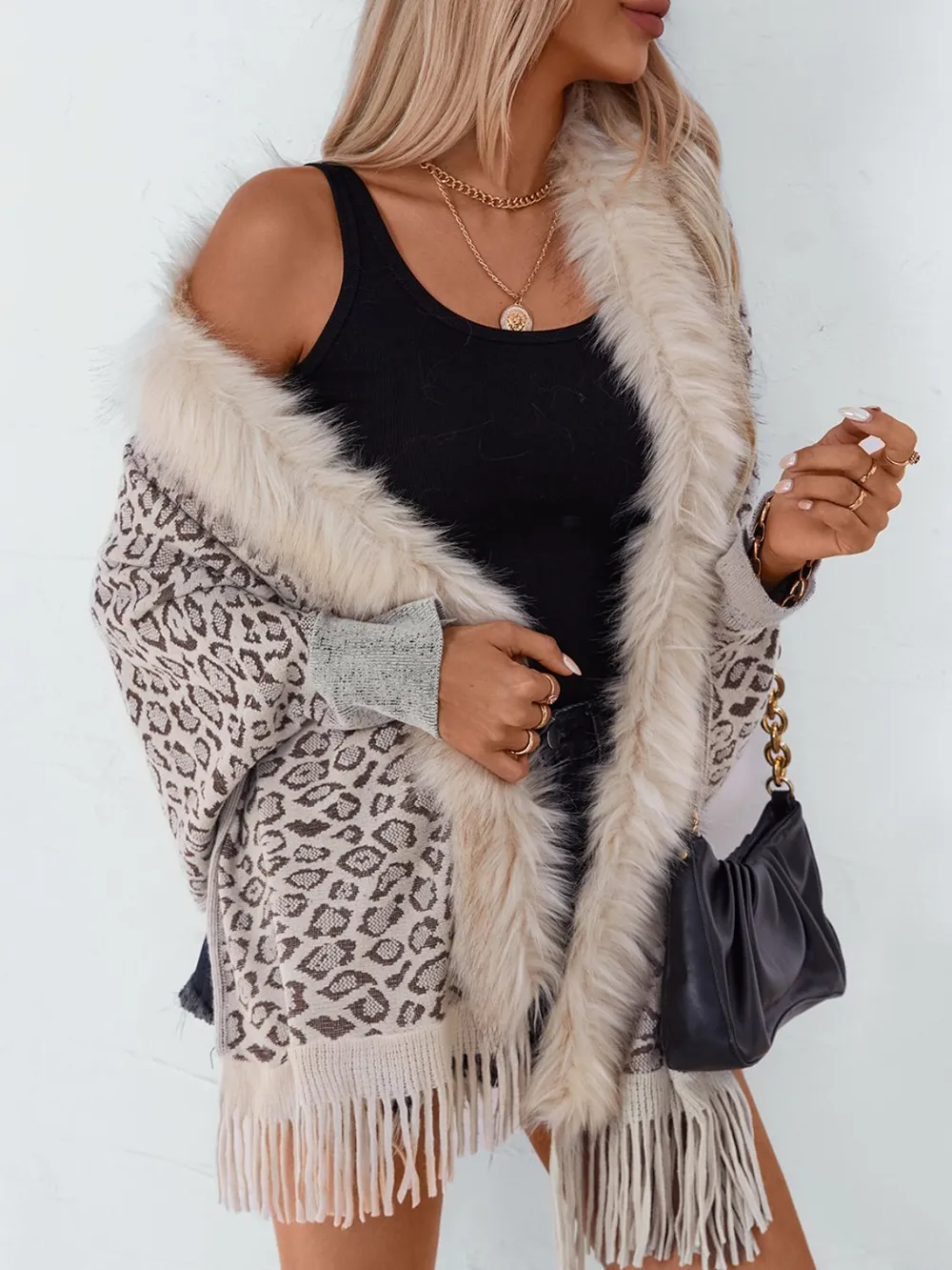 Fringe Leopard Open Front Long Sleeve Poncho, image 4