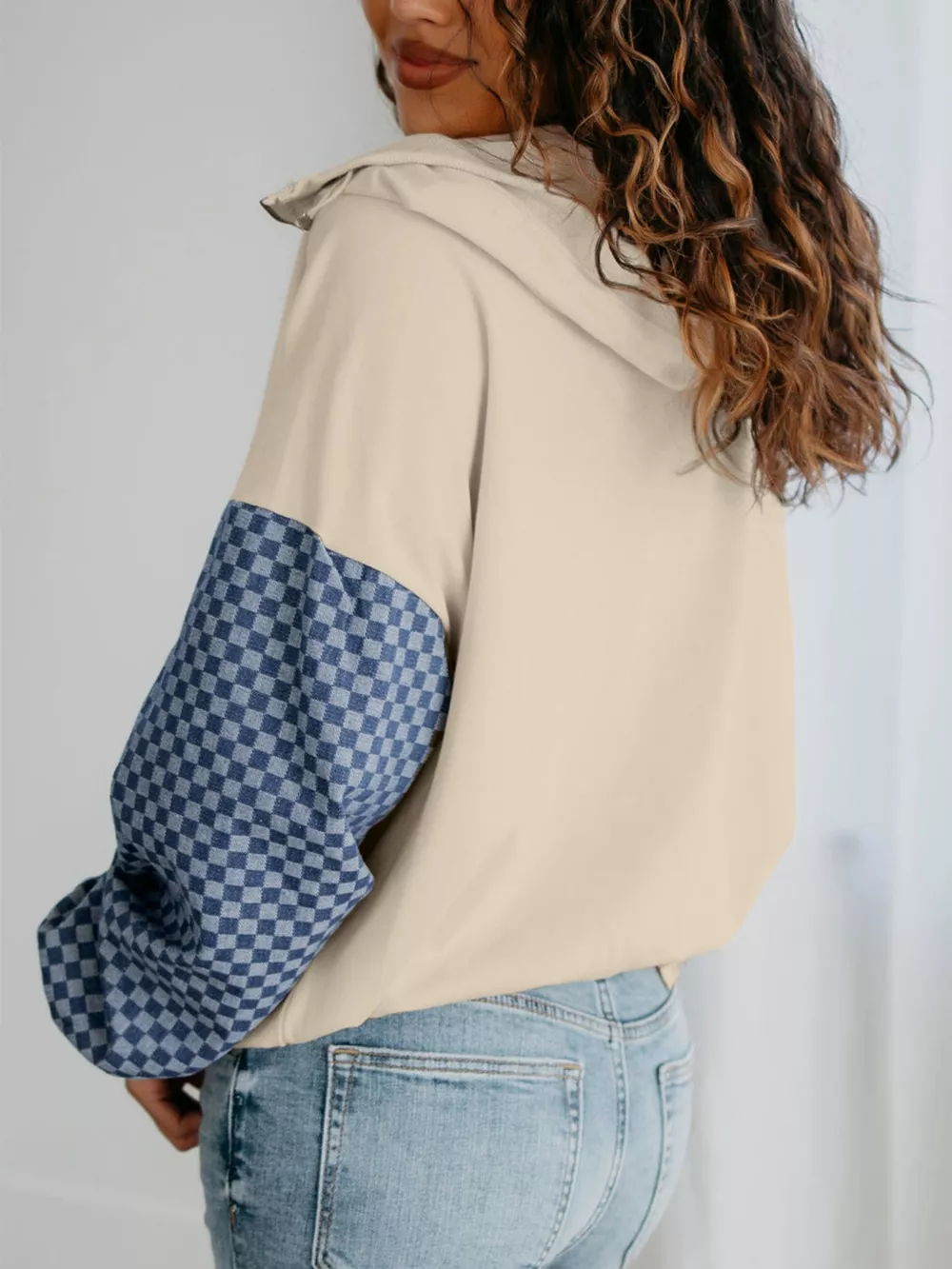 Checkered Color Block Half Zip Sweatshirt, image 3