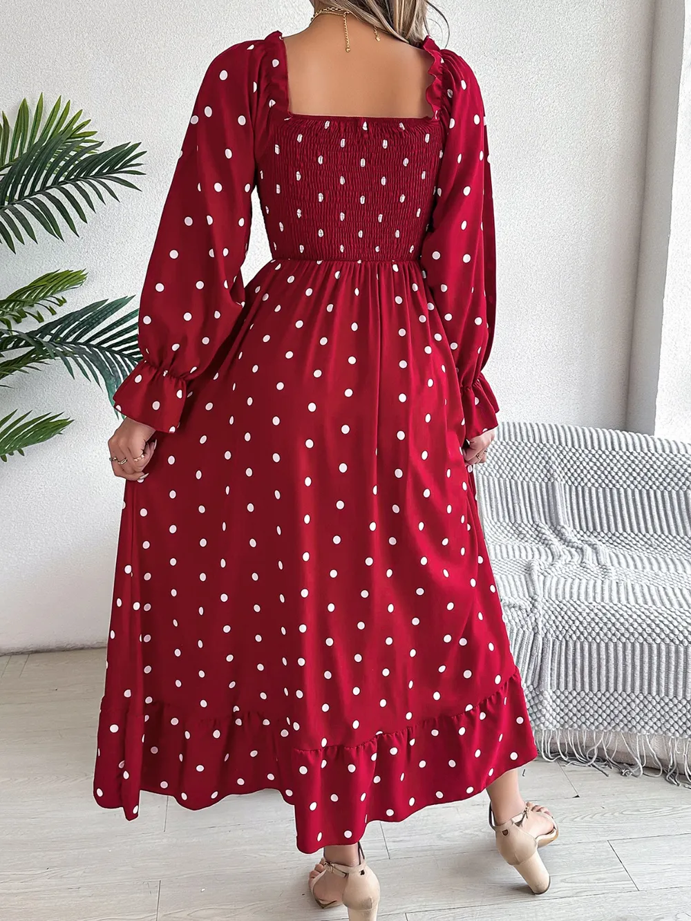 Polka Dot Flounce Sleeve Midi Dress, image 7