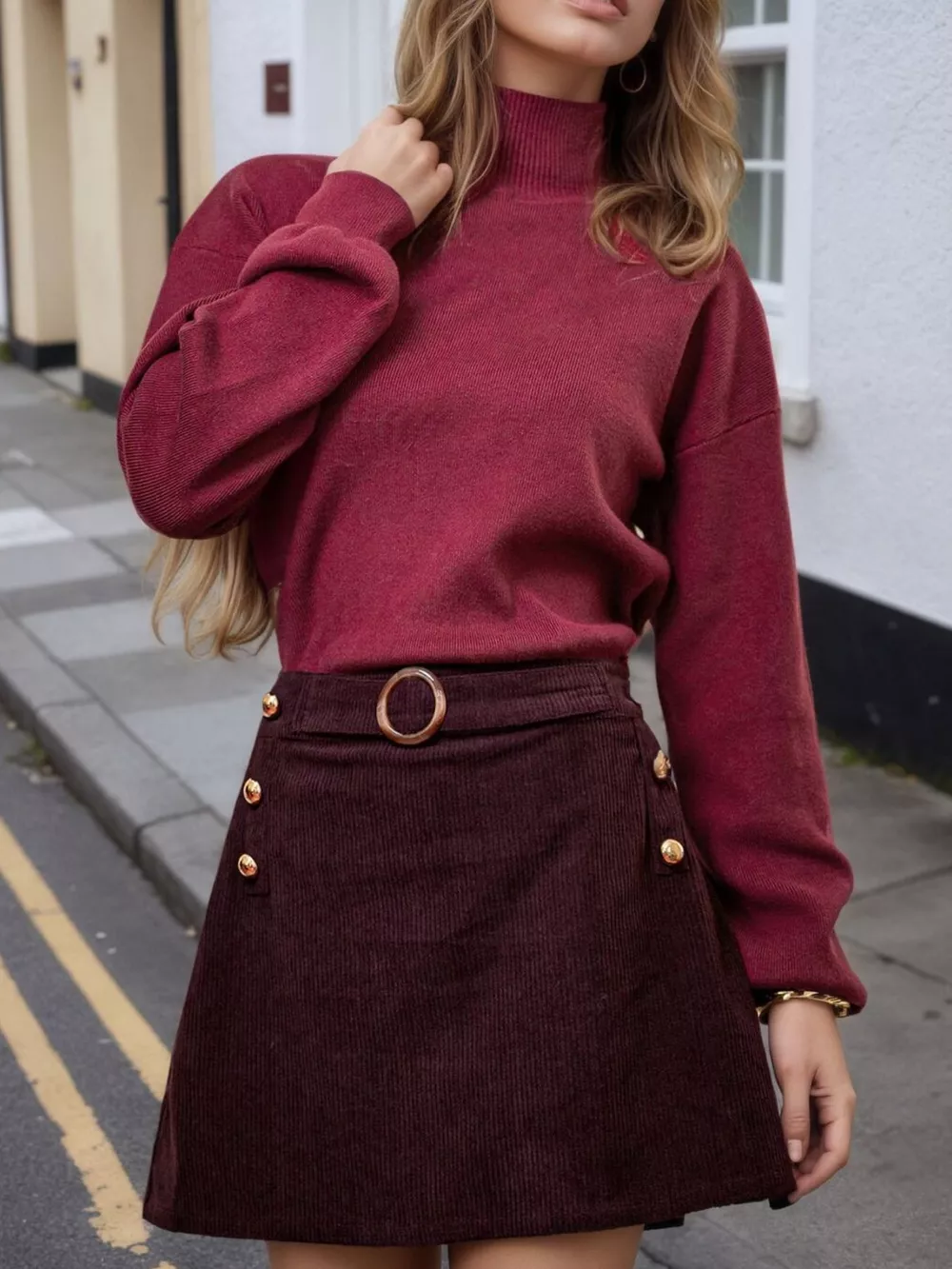 Christmas Outfit High-Waisted Corduroy Mini Skirt with Decorative Gold Buttons and Belt, image 2