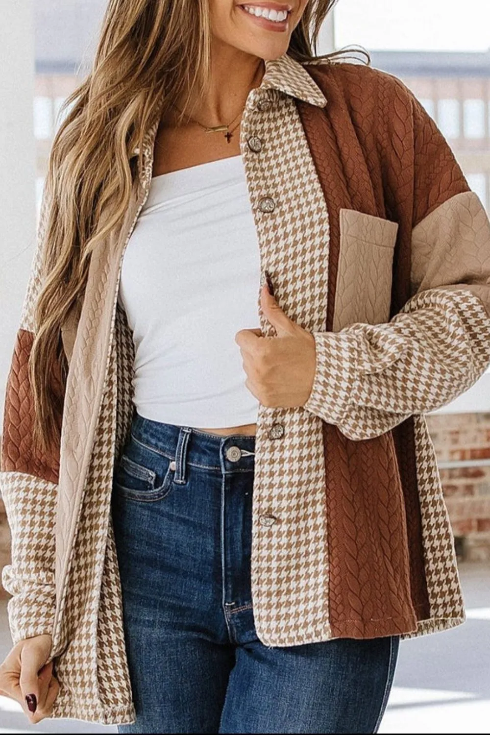 Color Block Houndstooth Collared Neck Shacket, image 12