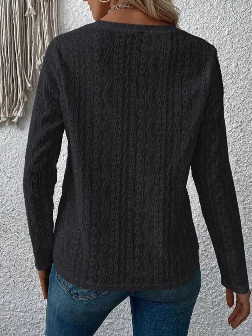 Eyelet Round Neck Long Sleeve Blouse, image 7