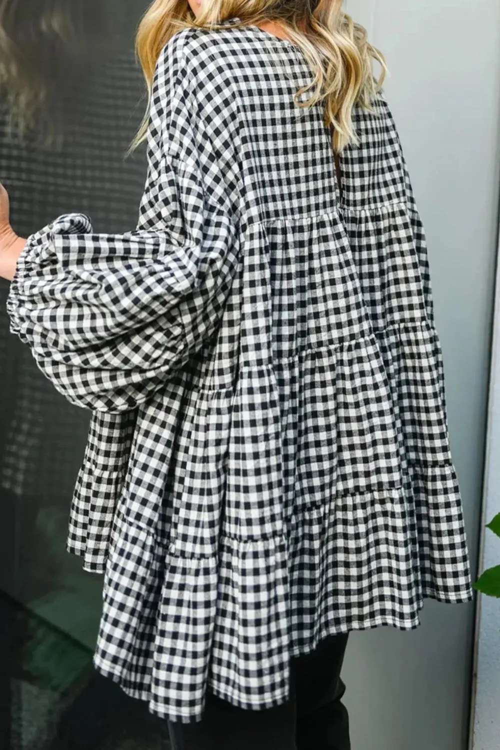Tiered Plaid Round Neck Long Sleeve Blouse, image 3