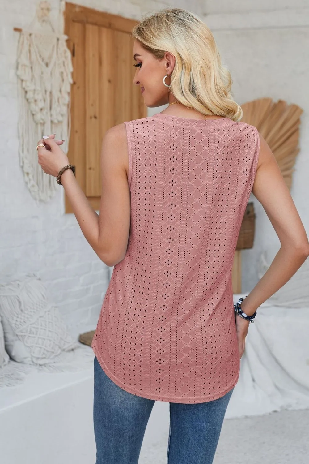 Eyelet Decorative Button V-Neck Tank, image 25