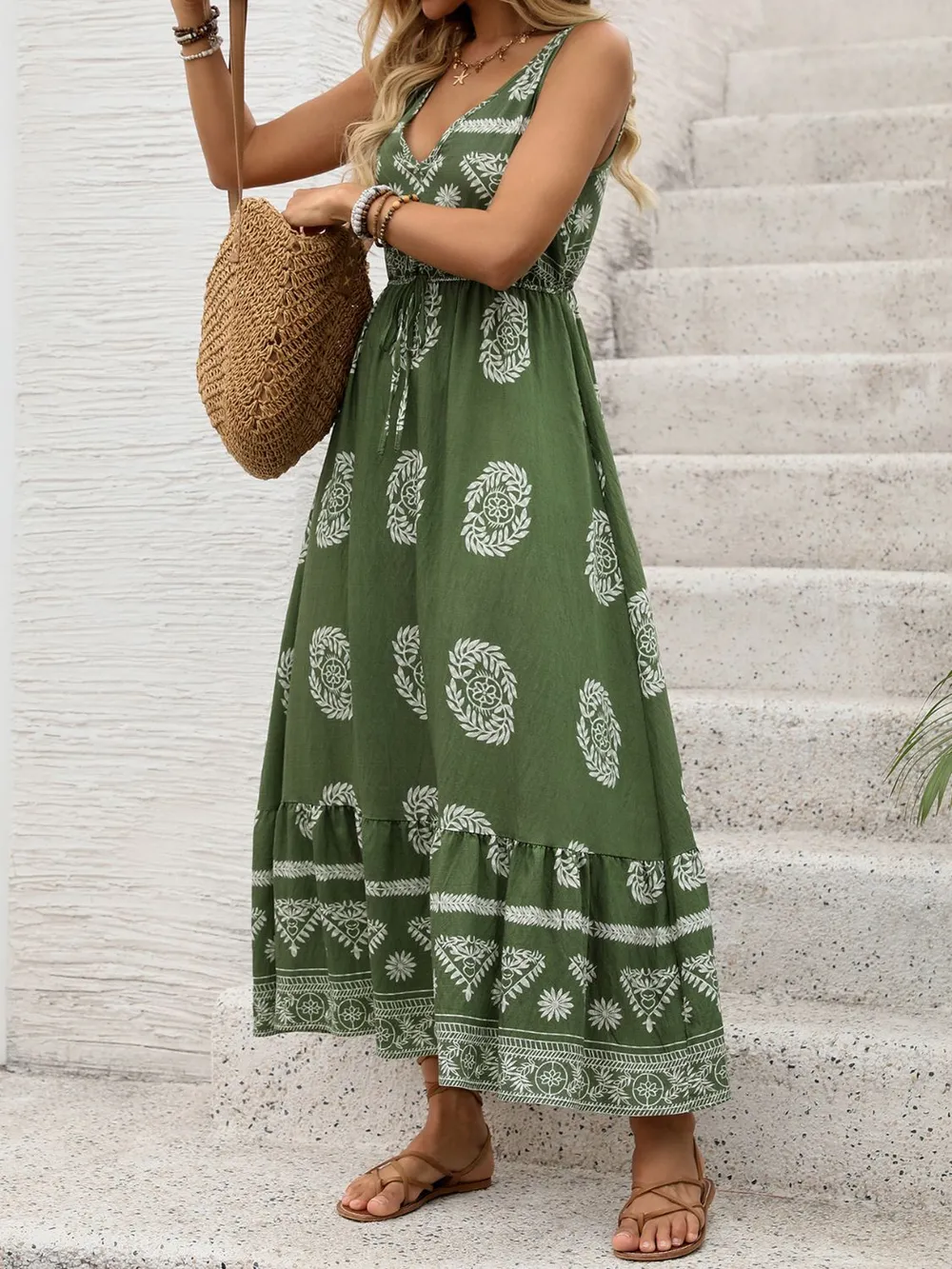 Printed V-Neck Sleeveless Dress, image 5