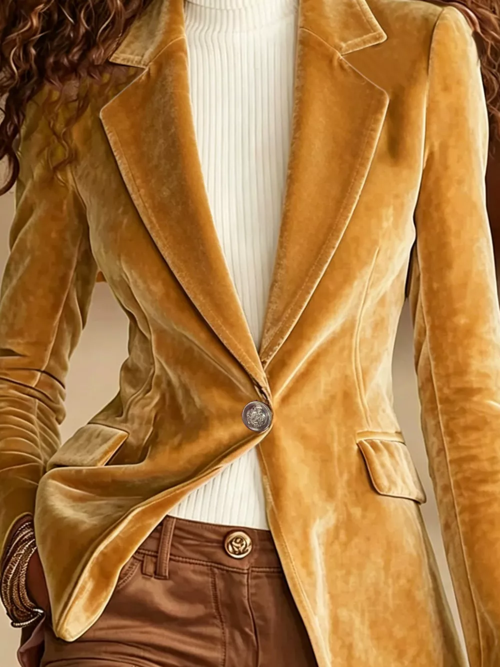 Velvet One-Button Long Sleeve Blazer, image 6