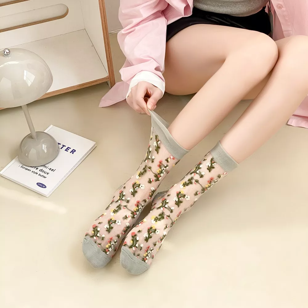 Floral Sheer Crew Socks 5 Pair Set, image 16