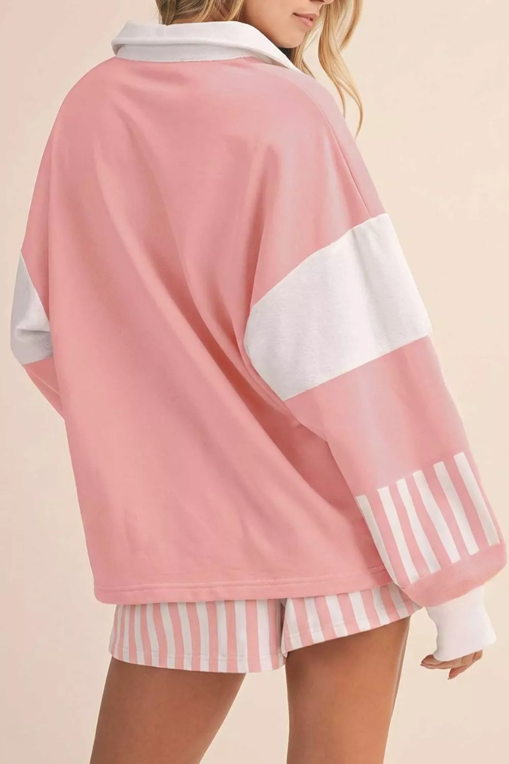 Color Block Polo Shirt and Drawstring Striped Shorts Set, image 2