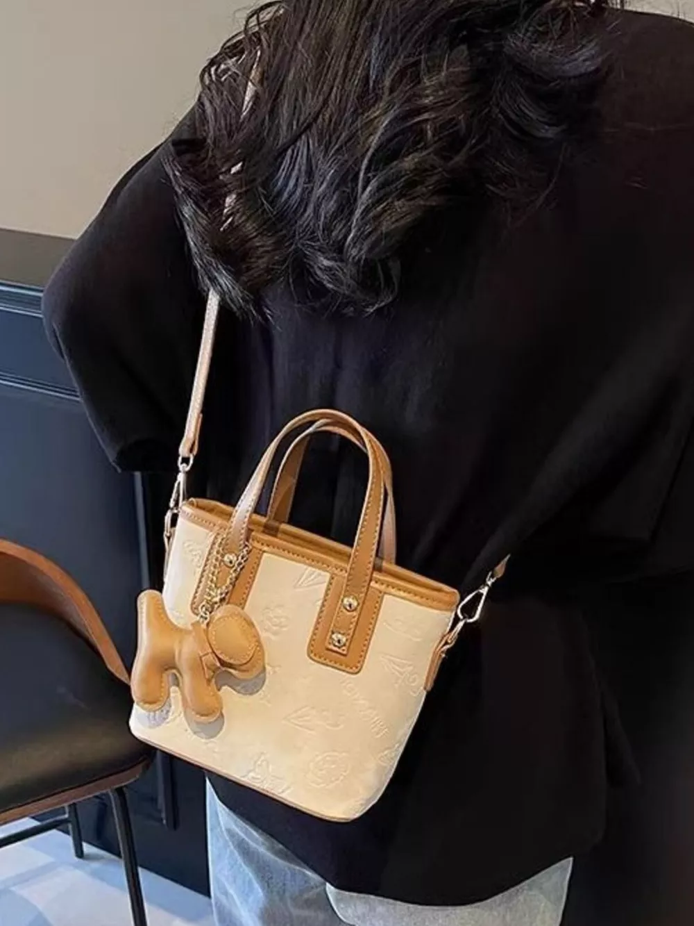 Embossed Pattern Crossbody Bag with Dog Charm, image 4