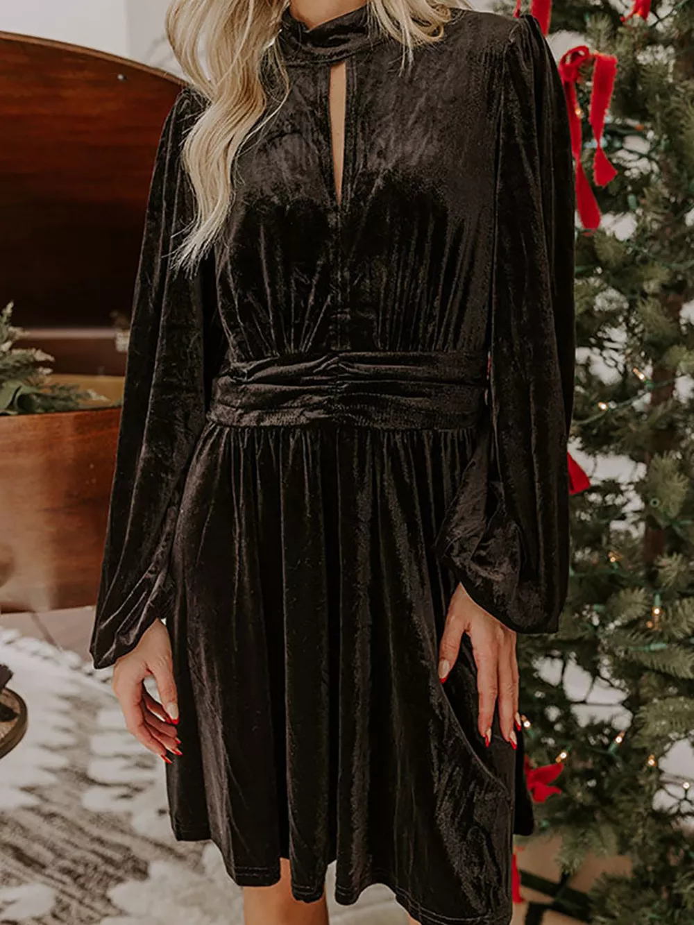 Velvet Mock Neck Balloon Sleeve Dress, image 7