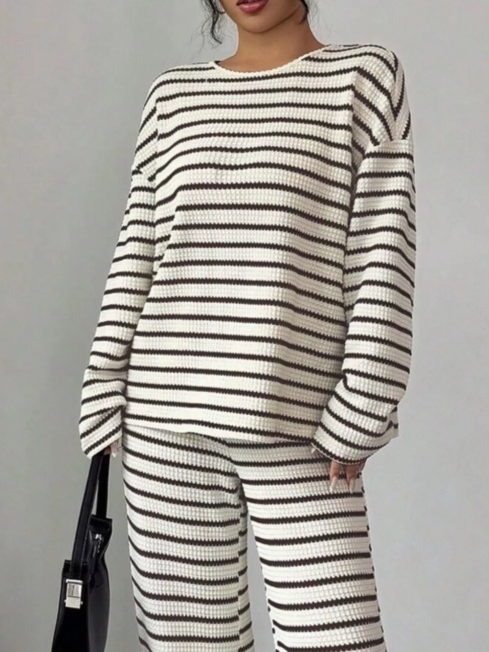 Striped Knit Dropped Shoulder Top and Pants Set, image 3