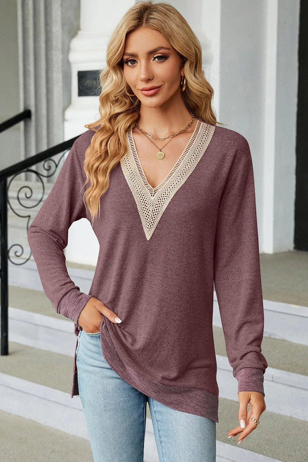 Slit V-Neck Long Sleeve T-Shirt, image 14