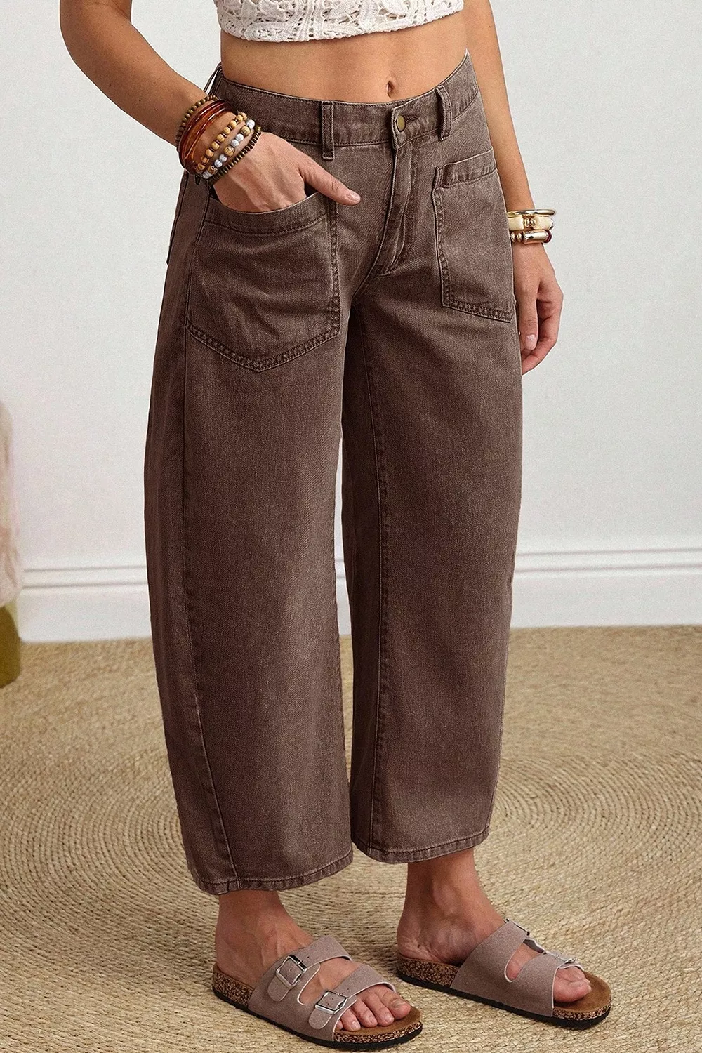 Solid Color Square Patch Pocket Ankle-length Barrel Jeans, image 7