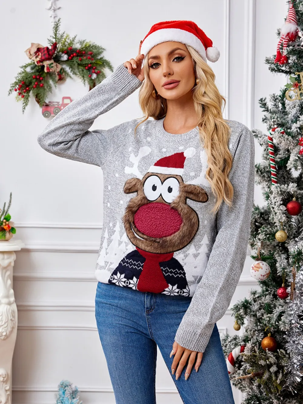 Reindeer Round Neck Long Sleeve Sweater, image 2
