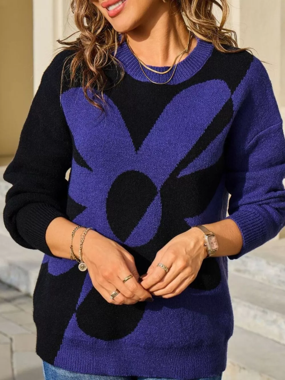 Floral Pattern Color Block Sweater, image 6