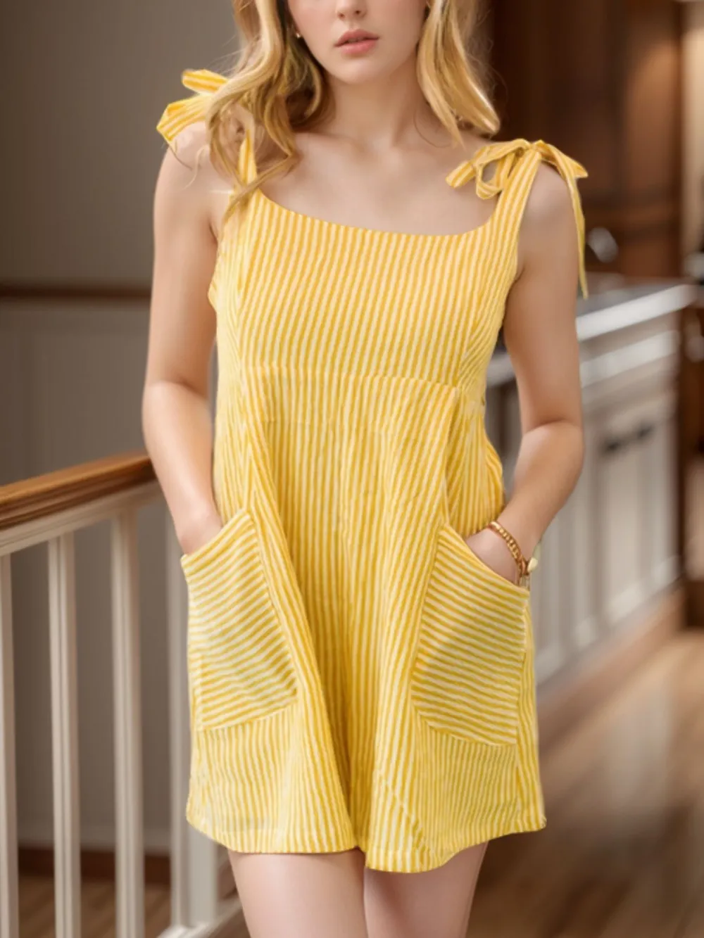 Stripe Shoulder Tie Smocked Back Casual Romper