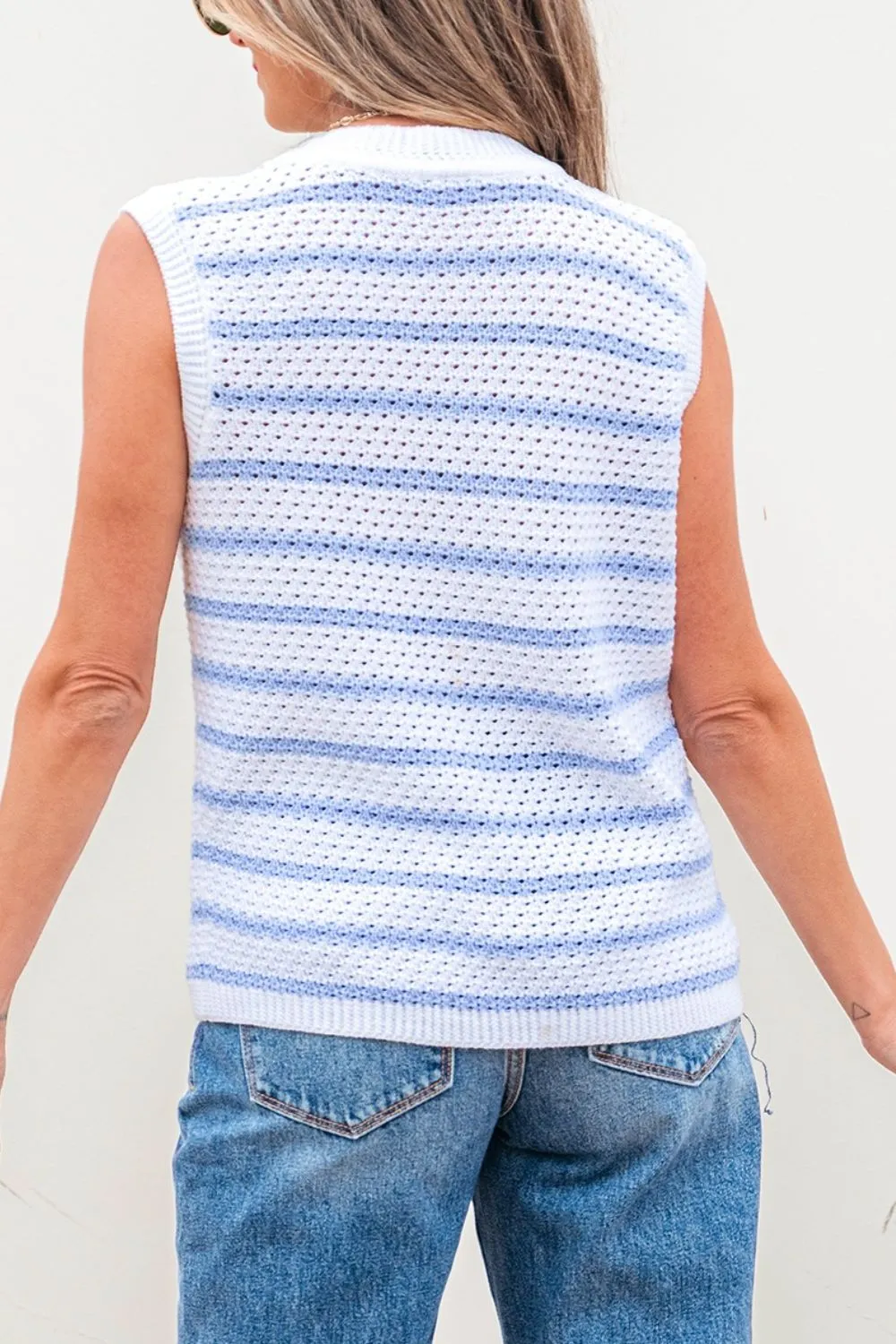 Stripe V Neck Gold Buttons Elegant Sweater Vest, image 6
