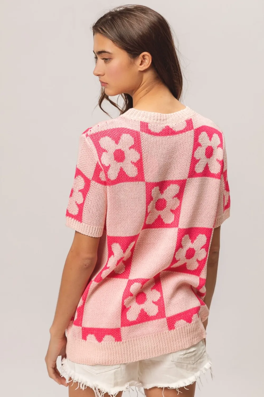 Flower Checker Pattern Short Sleeve Sweater, image 2