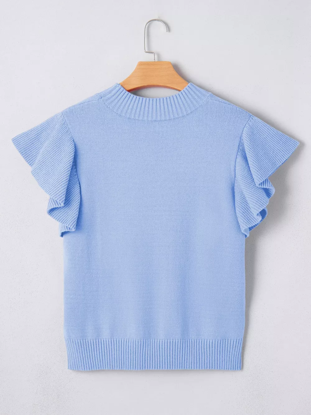 Solid Color Ribbed Trim Round Neck Ruffle Short Sleeve Sweater, image 7