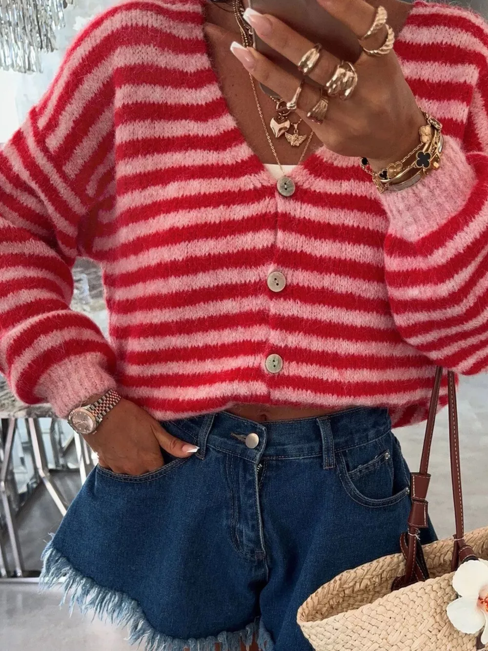 Striped Knit Button-Down Cardigan, image 4