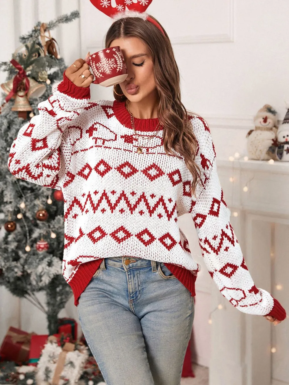 Contrast Geometric Round Neck Long Sleeve Sweater, image 3