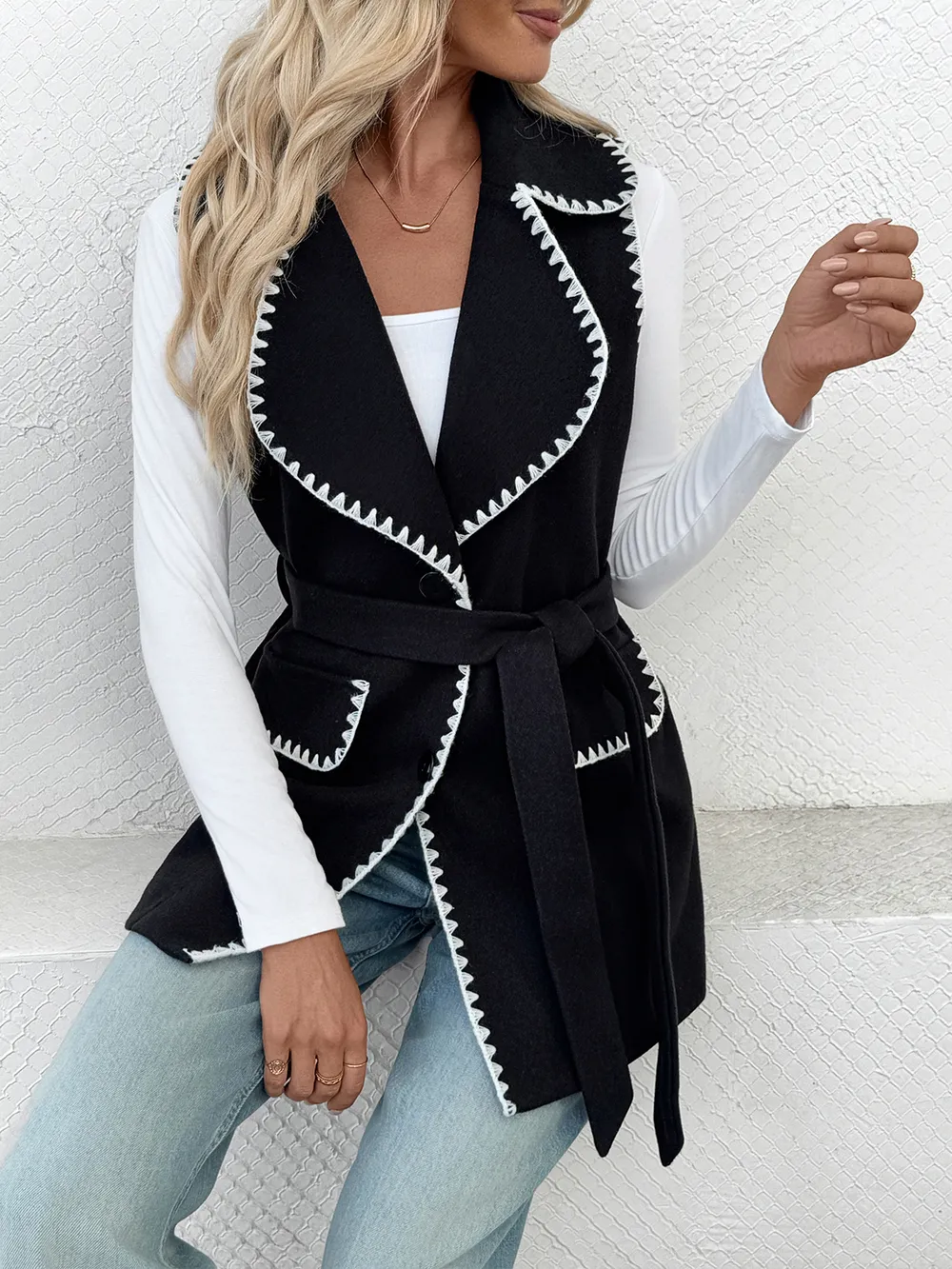 Contrast Trim Collared Neck Vest Coat, image 3