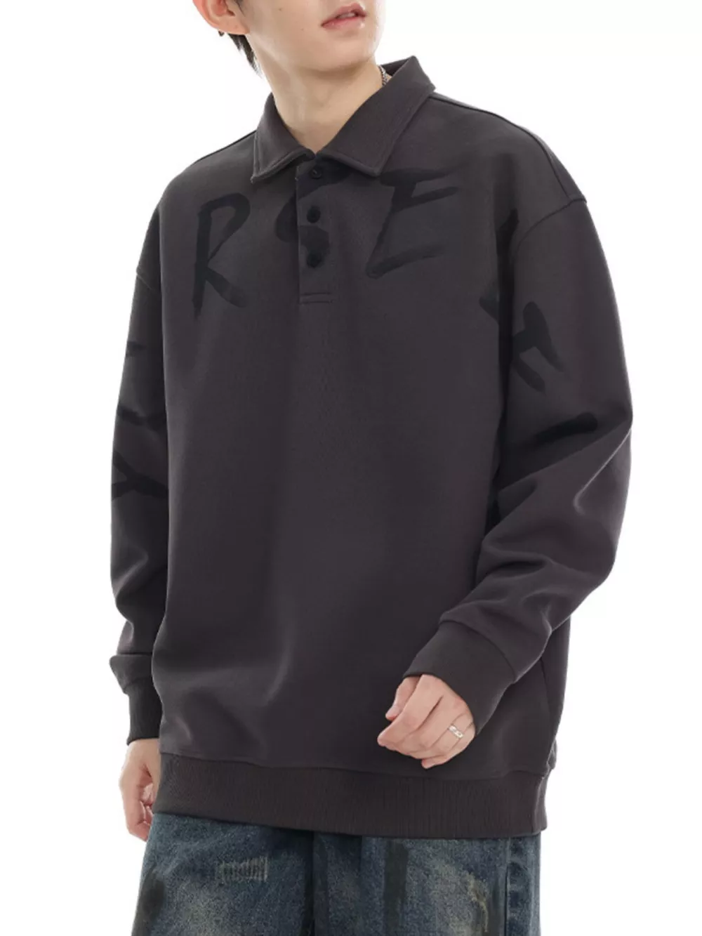 Men's Plus Size Letter Print Polo Collar Sweatshirt, image 5