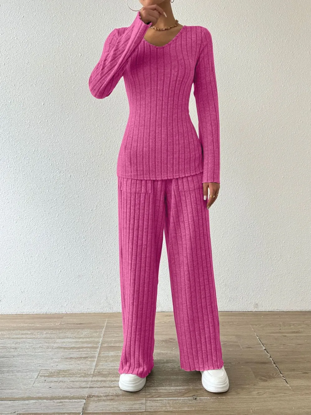 Ribbed V-Neck Long Sleeve Top and Pocketed Pants Set, image 19