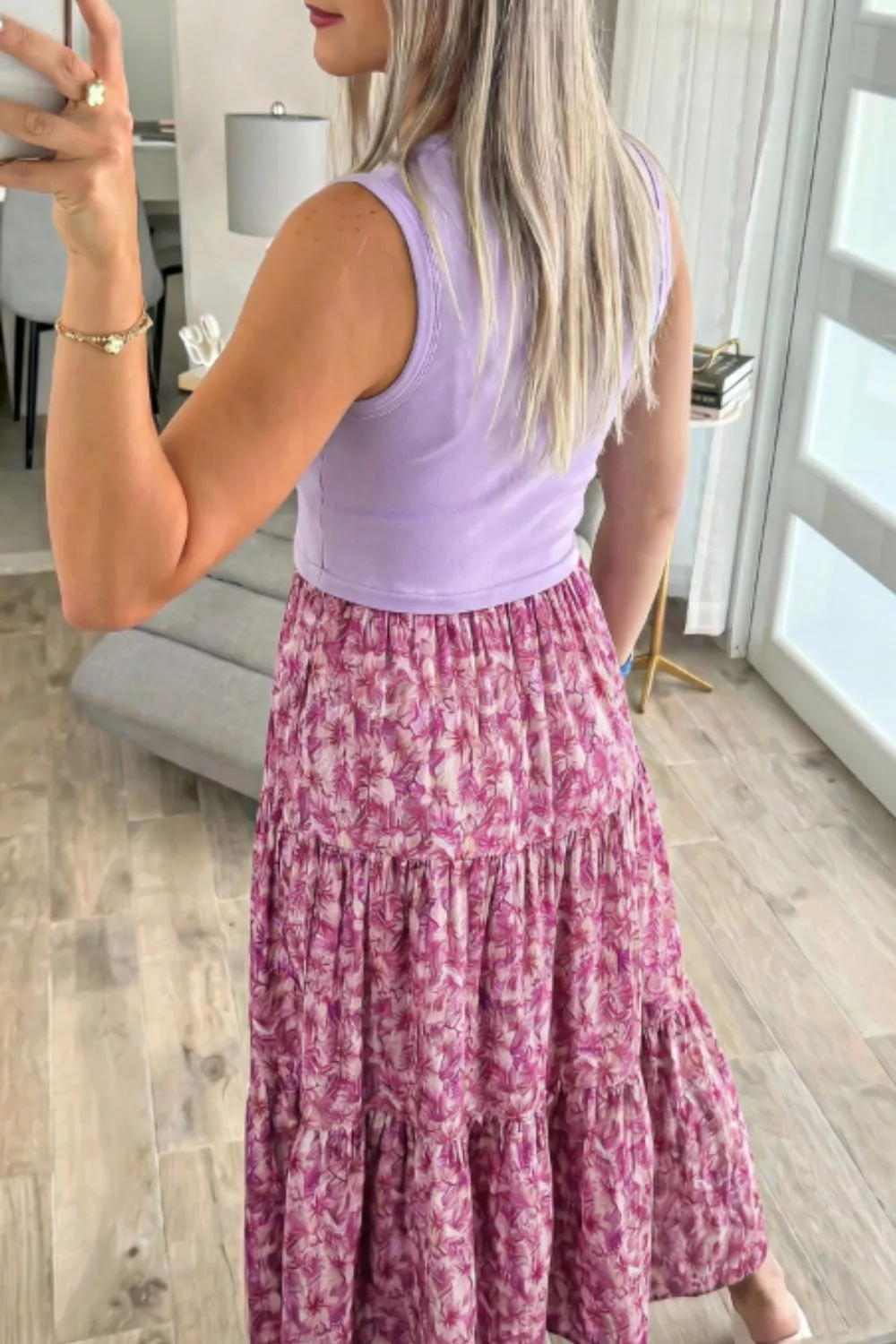 Ribbed V Neck Tank Floral Contrast Patchwork Dress, image 2